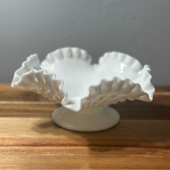 White Ruffled Milk Glass Compote Pedestal Bowl - Picture 3 of 9